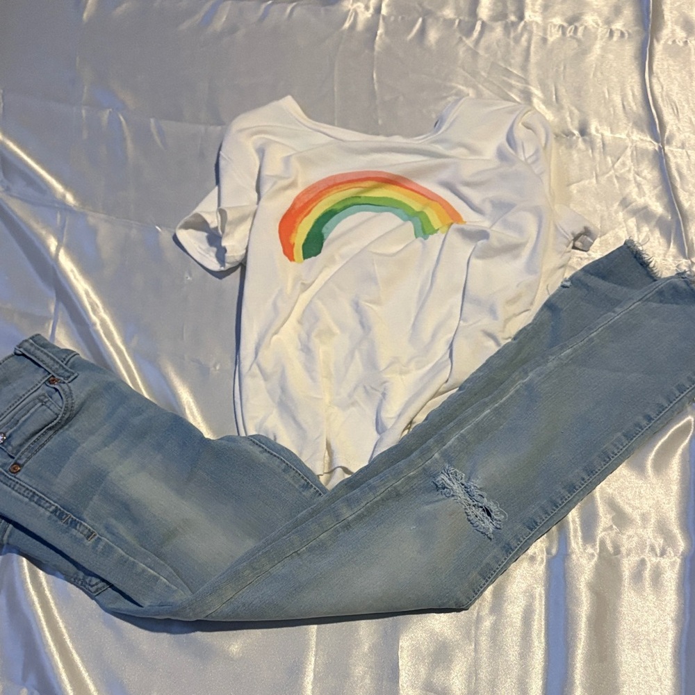 Copper Key White Tee with Rainbow and Blue Jeans